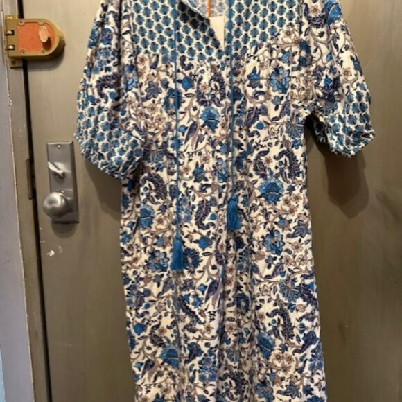 Retro Puff Sleeve Blue Bohemian Floral Tassel Tie Dress - Picture 8 of 16